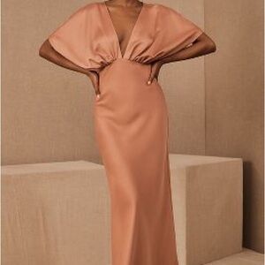 BHLDN LEILA DEEP-V FLUTTER-SLEEVE SATIN A-LINE GOWN